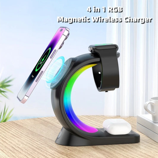 4-in-1 Magnetic Wireless Charging Station with RGB Light – Fast Charger for iPhone, Apple Watch, AirPods Pro & Smartphone