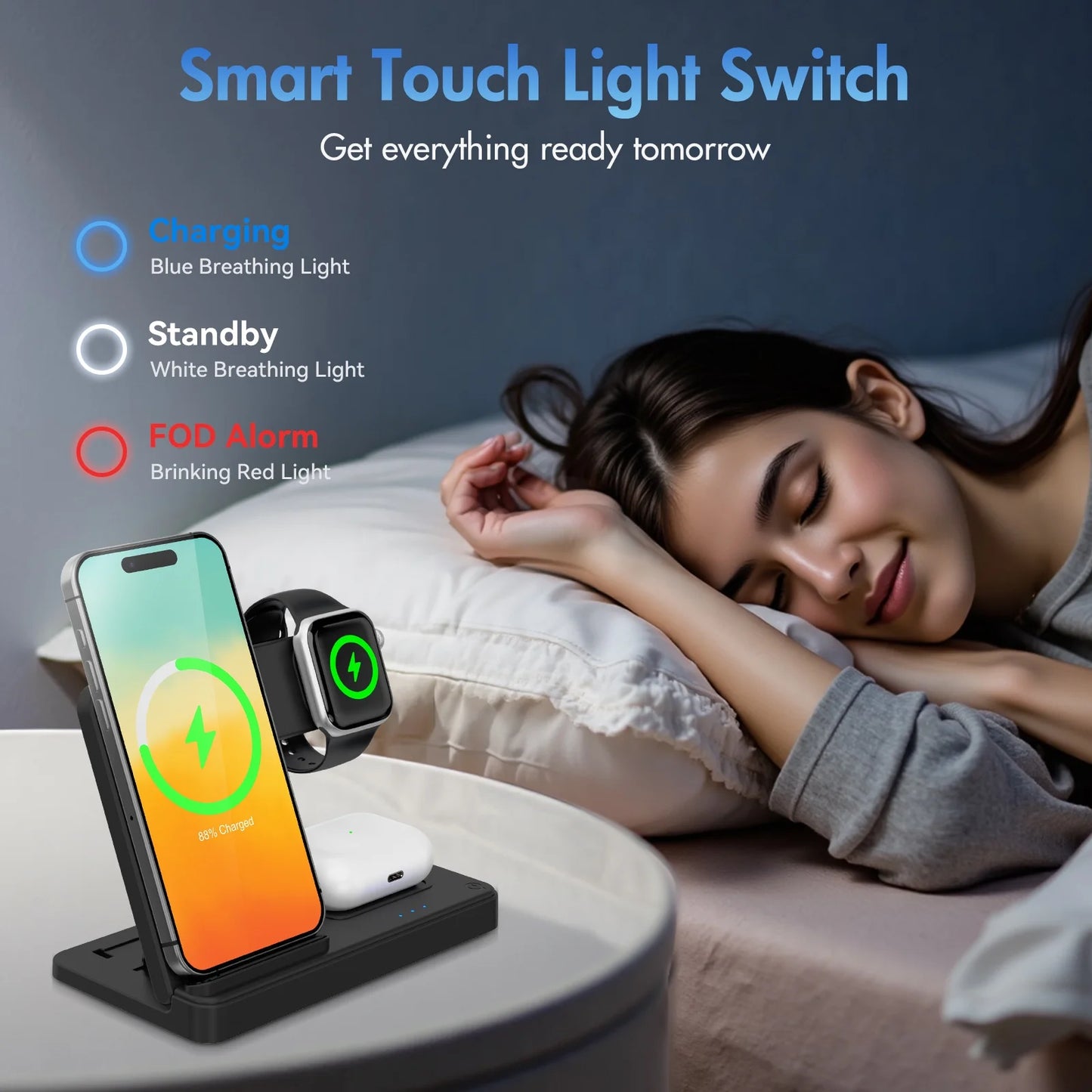 3-in-1 Magnetic Wireless Charging Station – Fast Charger Stand for iPhone 16/15/14/13/12/11 Pro Max, Apple Watch Series 9–SE, and AirPods Pro/3/2