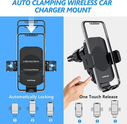 15W Wireless Car Charger Mount – Auto-Clamping Fast Charging Phone Holder for Air Vent, Compatible with iPhone 15/14 Pro Max, Samsung Galaxy S23 Ultra/S22/S21/Note 9 – Black