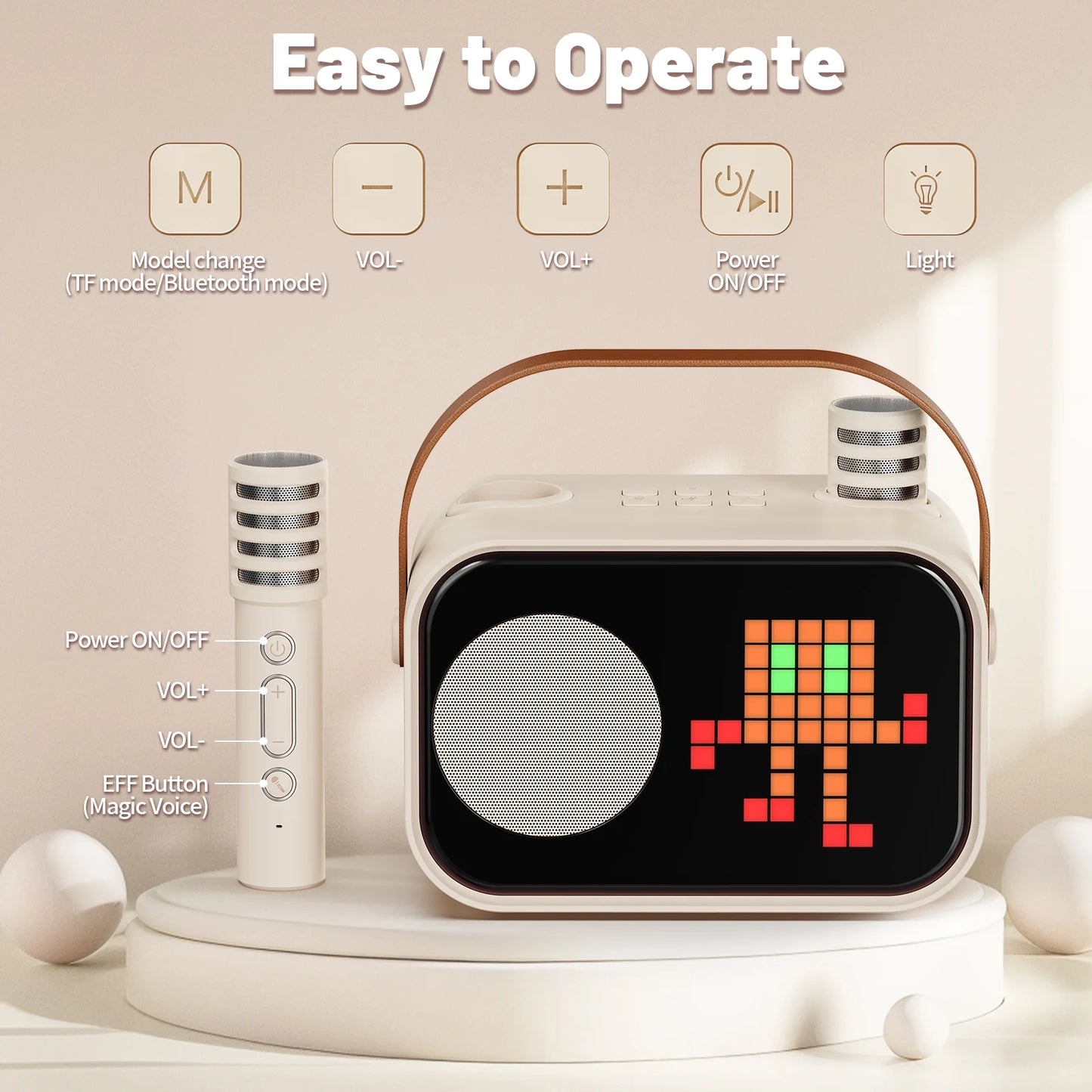Mini Karaoke Machine with 15 Animated Display Modes & 4 Fun Magic Voice Effects – Portable Beige Karaoke Speaker for Parties & Fun