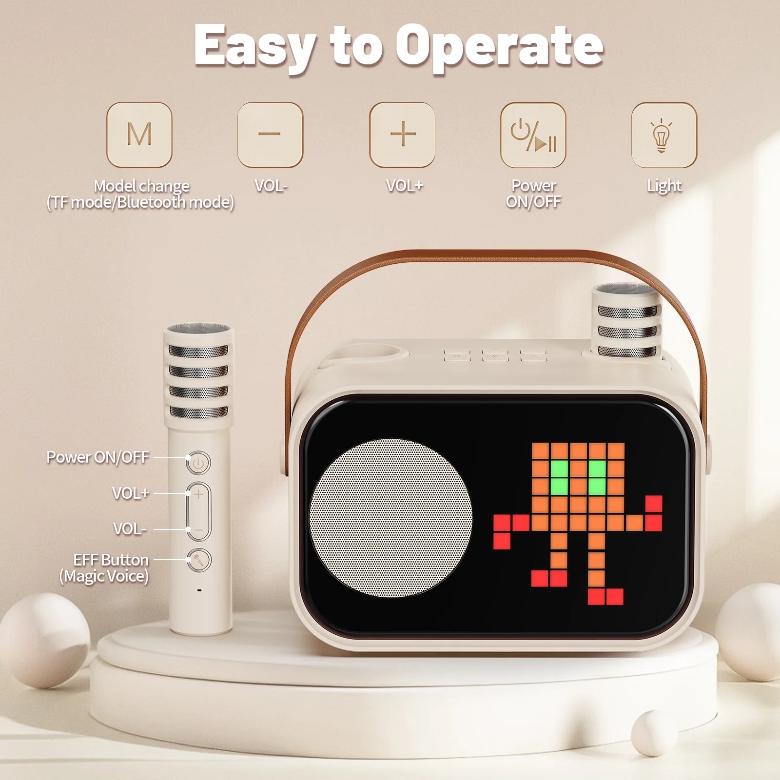 Mini Karaoke Machine with 15 Animated Display Modes & 4 Fun Magic Voice Effects – Portable Beige Karaoke Speaker for Parties & Fun