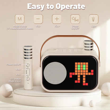 Mini Karaoke Machine with 15 Animated Display Modes & 4 Fun Magic Voice Effects – Portable Beige Karaoke Speaker for Parties & Fun