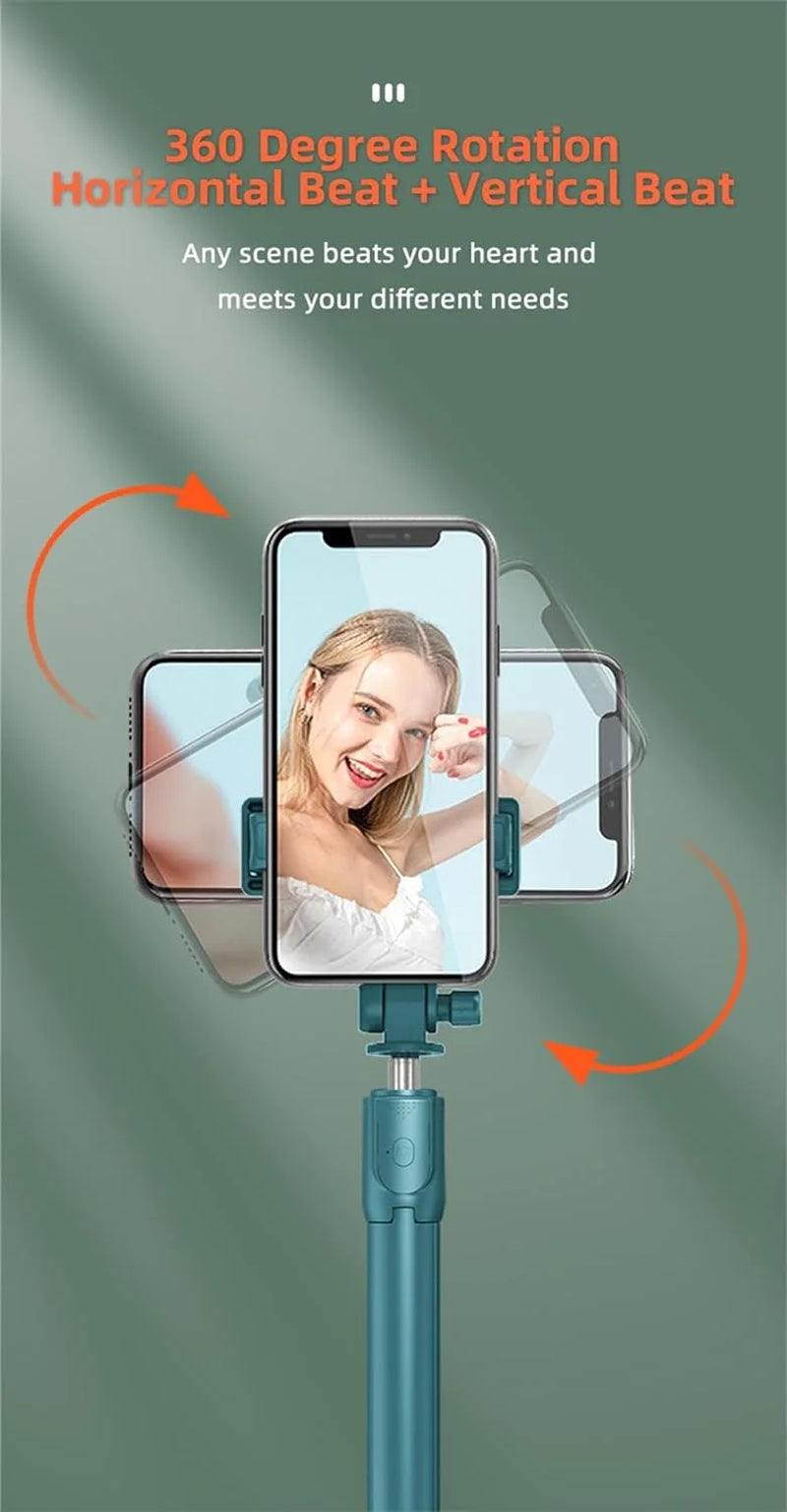 3-in-1 Selfie Stick Tripod with Detachable Wireless Remote, 360° Rotatable Extendable Stand & Portable Phone Holder with LED Light — Compatible with iPhone, Android, Samsung (White + Light)