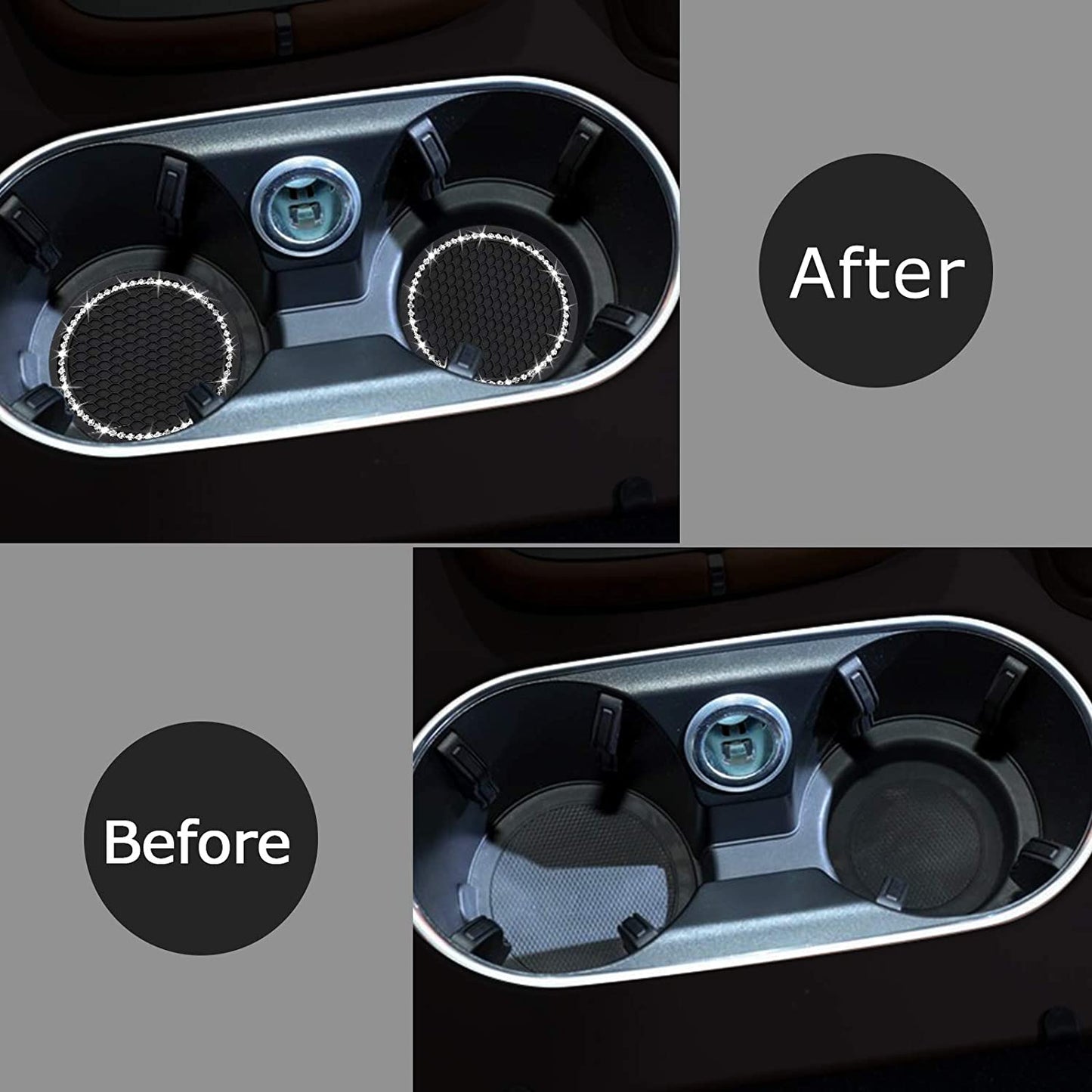 2-Pack Bling Car Cup Coasters – 2.75” Universal Rhinestone Anti-Slip Silicone Inserts, Stylish Car Interior Accessories, Perfect Gift for Women, Black