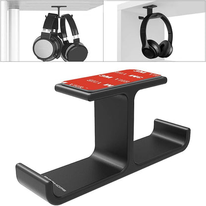 Under-Desk Headphone Hanger Stand – Aluminum Dual Headset Holder with Strong Adhesive Mount – Stick-On Hook for All Headphones & Gaming Accessories
