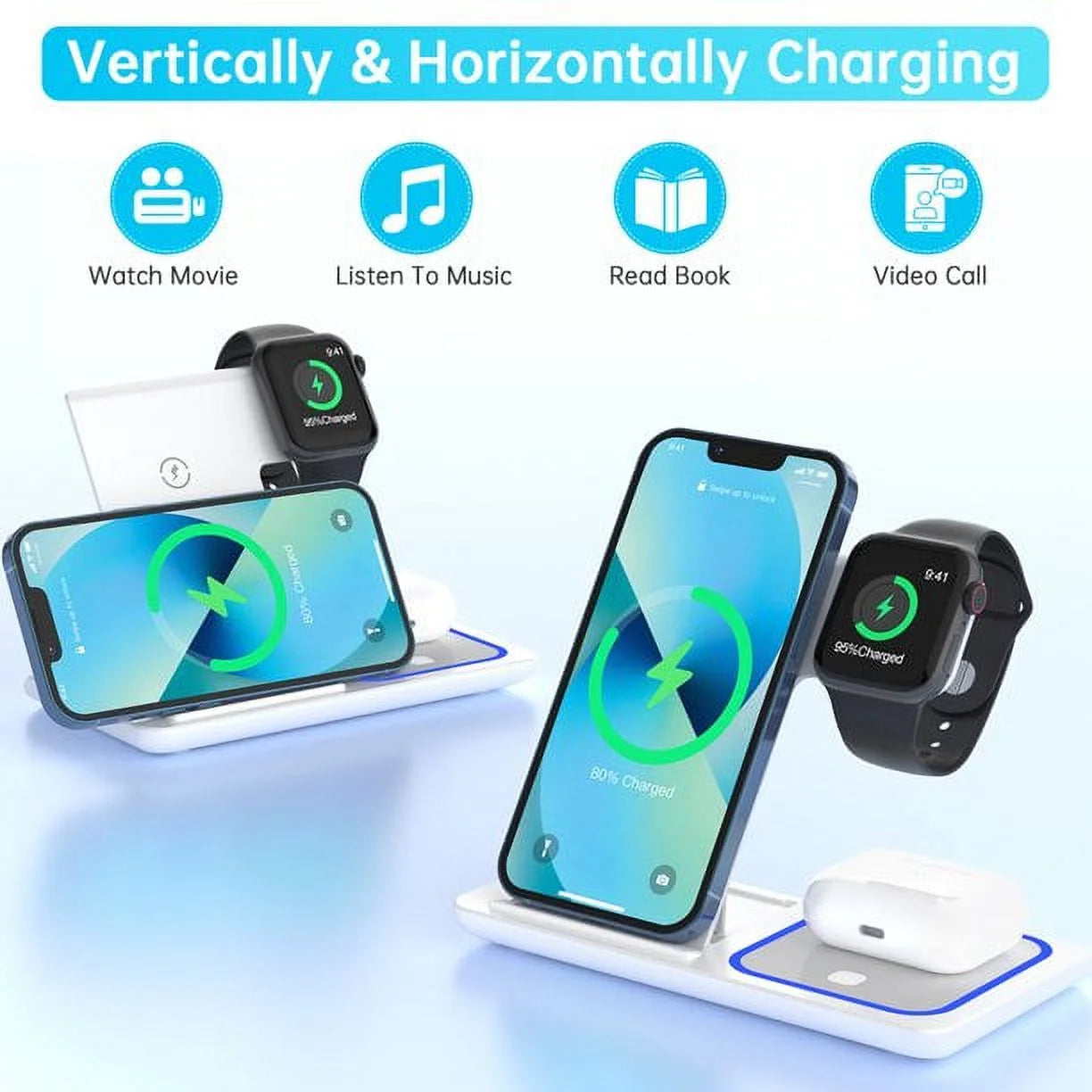 3-in-1 Wireless Charging Station with Breathing Light – Fast Charger Dock for iPhone 15/14/13/12/11 Pro Max/XS, Apple Watch 8–4, and AirPods 3/2/Pro