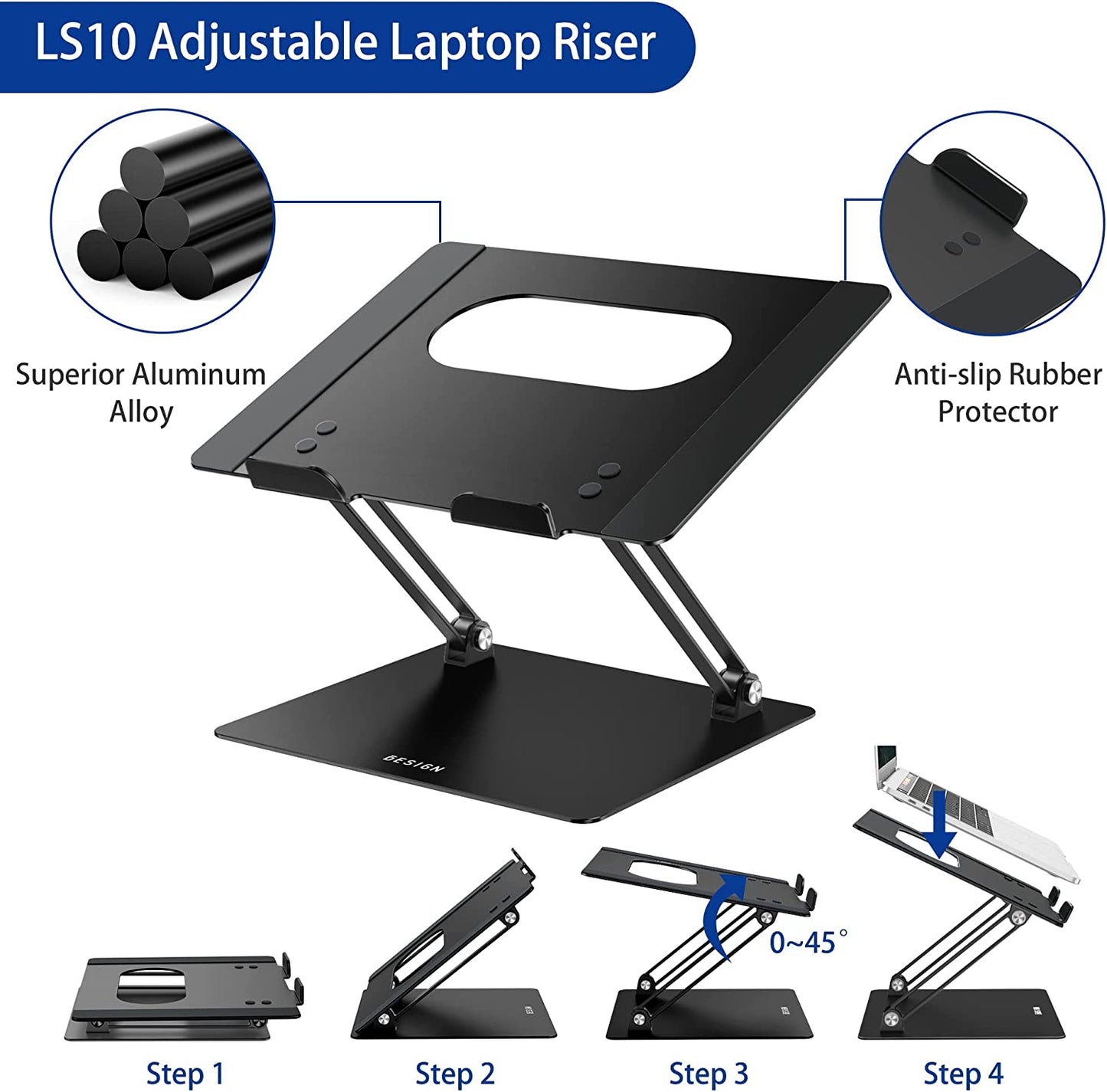 LS10 Aluminum Laptop Stand – Ergonomic Adjustable Notebook & Computer Holder for 10-14" Laptops, Compatible with MacBook Air/Pro, Dell, HP, Lenovo, and More – Sleek Black Finish