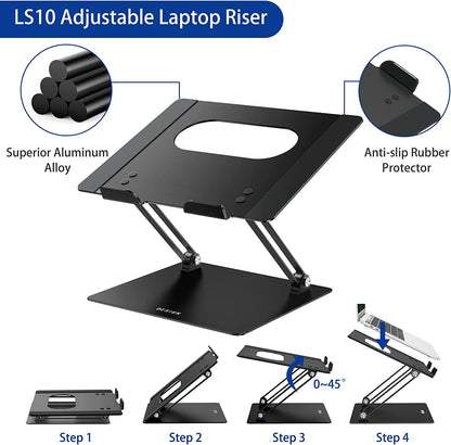 LS10 Aluminum Laptop Stand – Ergonomic Adjustable Notebook & Computer Holder for 10-14" Laptops, Compatible with MacBook Air/Pro, Dell, HP, Lenovo, and More – Sleek Black Finish