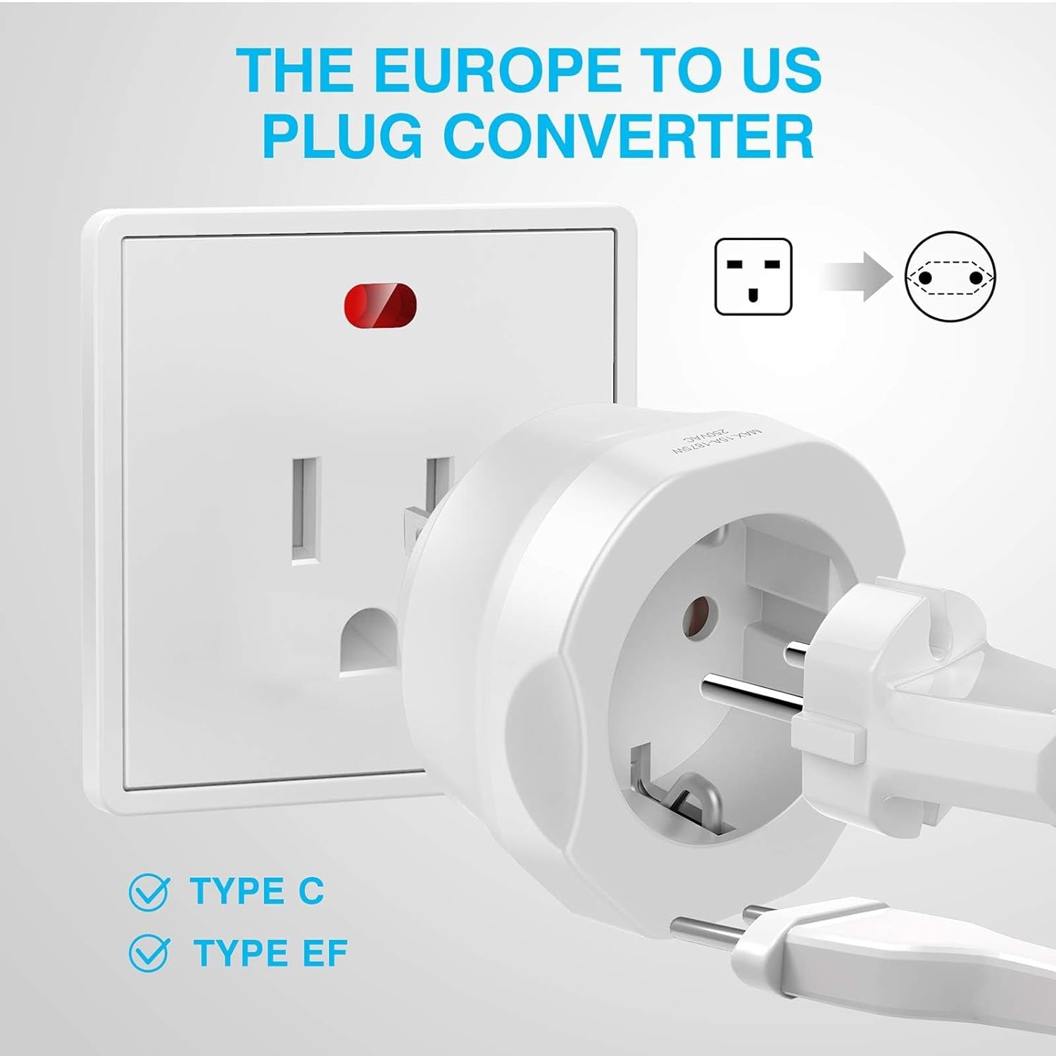 EU to US Plug Adapter (1 Pack) – European to USA Travel Power Converter for Type C, E, F Plugs – Compatible with EU, Spain, France Outlets to American Sockets