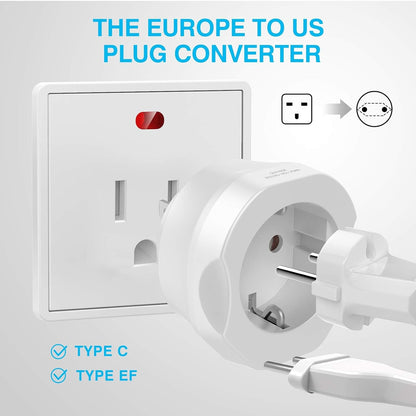 EU to US Plug Adapter (1 Pack) – European to USA Travel Power Converter for Type C, E, F Plugs – Compatible with EU, Spain, France Outlets to American Sockets