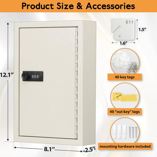 Secure Wall-Mount Key Lock Box with Combination Code – 40-Key Capacity Locking Cabinet with Key Hooks, Tags & Labels – Heavy-Duty Steel Key Organizer (White, 2.5" D x 8.1" W x 12.1" H)