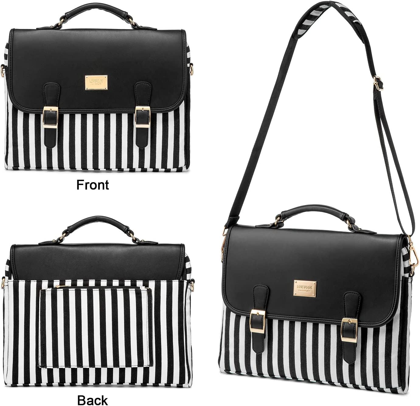Stylish Laptop Bag for Women – 14-Inch Computer Messenger Shoulder Bag for Work, School, or College – Black Stripe Design