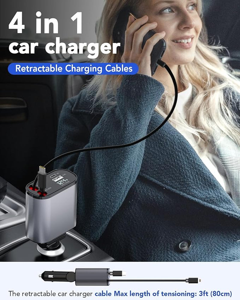 TIKTOK SHOP 4-in-1 Retractable Fast Car Charger 66W – Multi-Cable USB Charger Compatible with iPhone 15/14/13/12/11, Samsung Galaxy & Pixel
