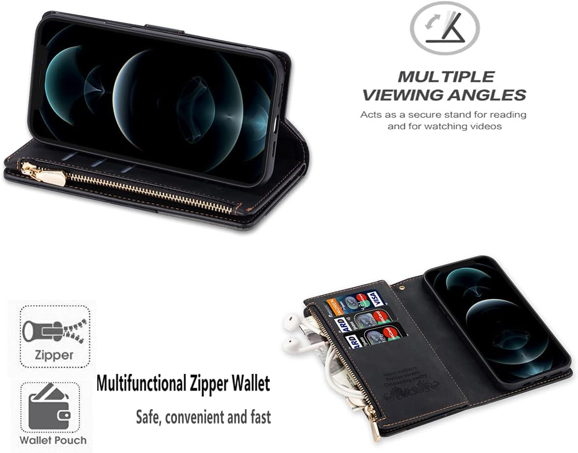 Zippered PU Leather Phone Case with Wristlet for iPhone SE 2022 (SE3) / SE 2020 (SE2) / iPhone 7 / 8 – Stylish Black Protective Cover