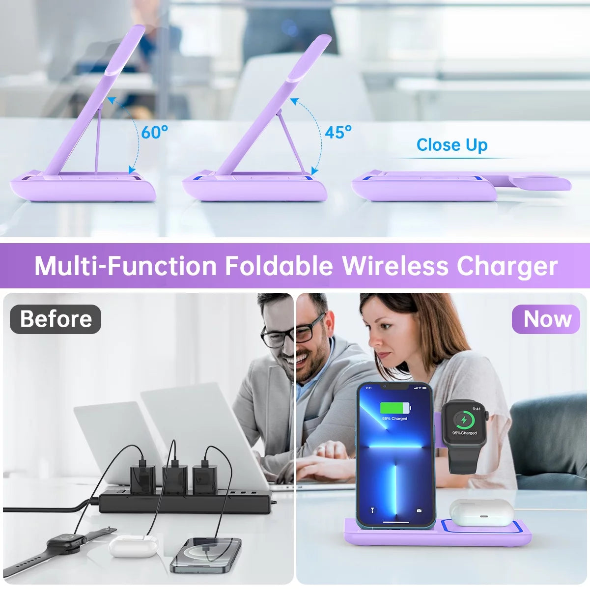 3-in-1 Wireless Charging Station for iPhone 16–11 Pro Max, Apple Watch 10–3, AirPods 4/3/2/Pro – Fast 18W Charging Dock for iPhone & Samsung Galaxy S26/S25/S23 – Purple