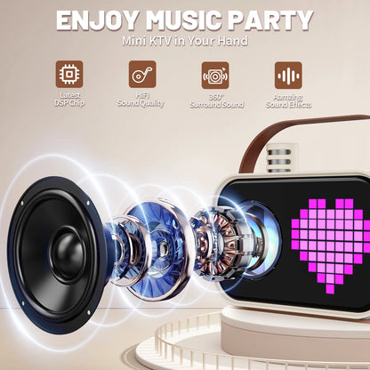 Mini Karaoke Machine with 15 Animated Display Modes & 4 Fun Magic Voice Effects – Portable Beige Karaoke Speaker for Parties & Fun