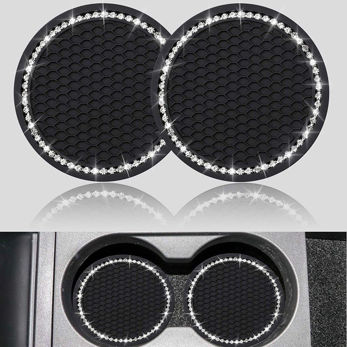 2-Pack Bling Car Cup Coasters – 2.75” Universal Rhinestone Anti-Slip Silicone Inserts, Stylish Car Interior Accessories, Perfect Gift for Women, Black