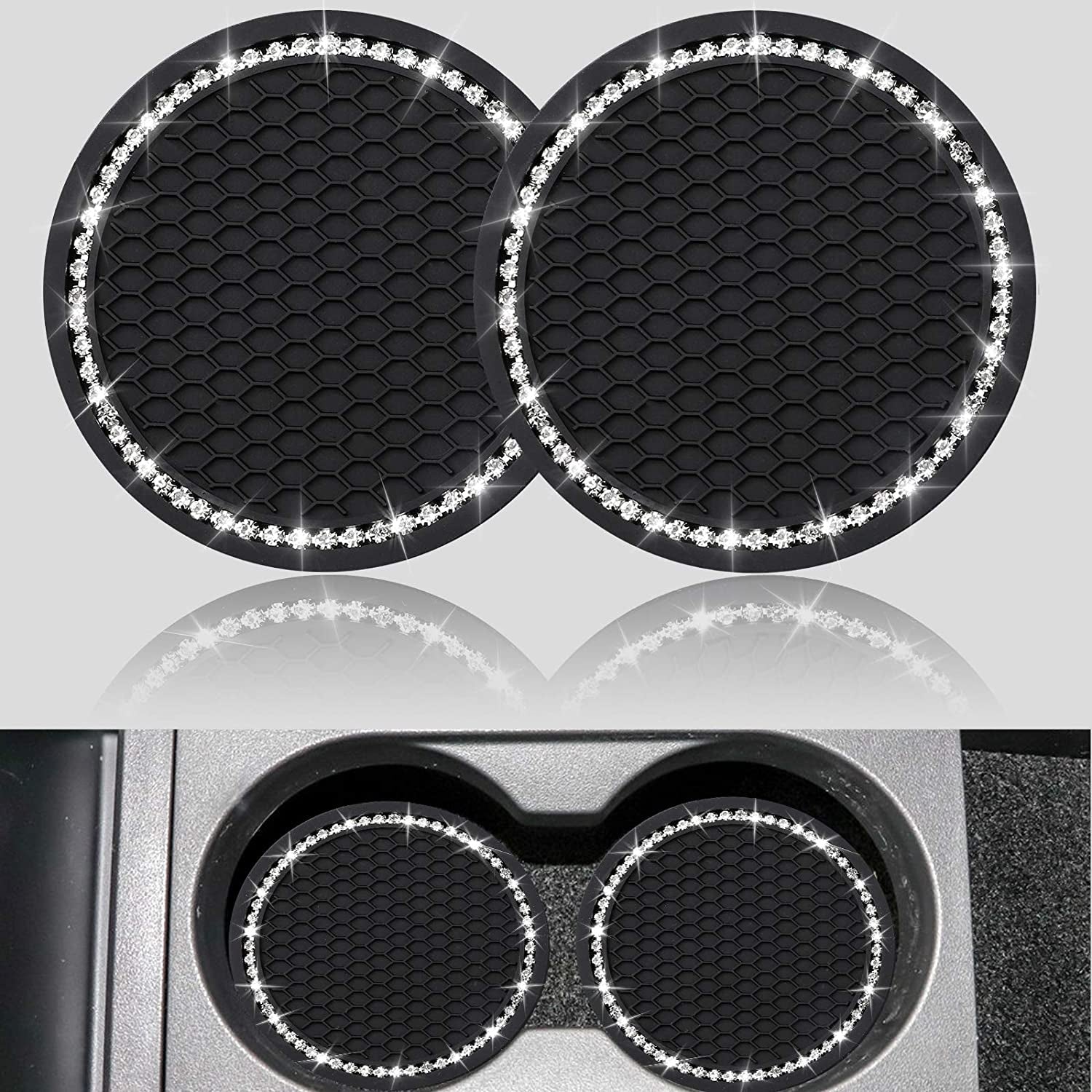 2-Pack Bling Car Cup Coasters – 2.75” Universal Rhinestone Anti-Slip Silicone Inserts, Stylish Car Interior Accessories, Perfect Gift for Women, Black