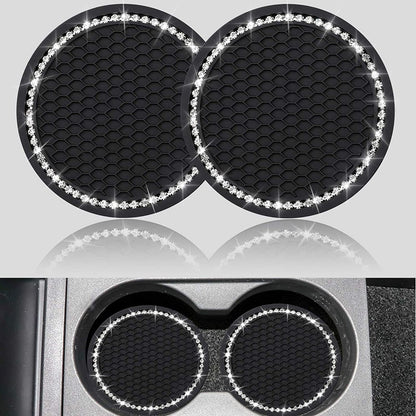 2-Pack Bling Car Cup Coasters – 2.75” Universal Rhinestone Anti-Slip Silicone Inserts, Stylish Car Interior Accessories, Perfect Gift for Women, Black
