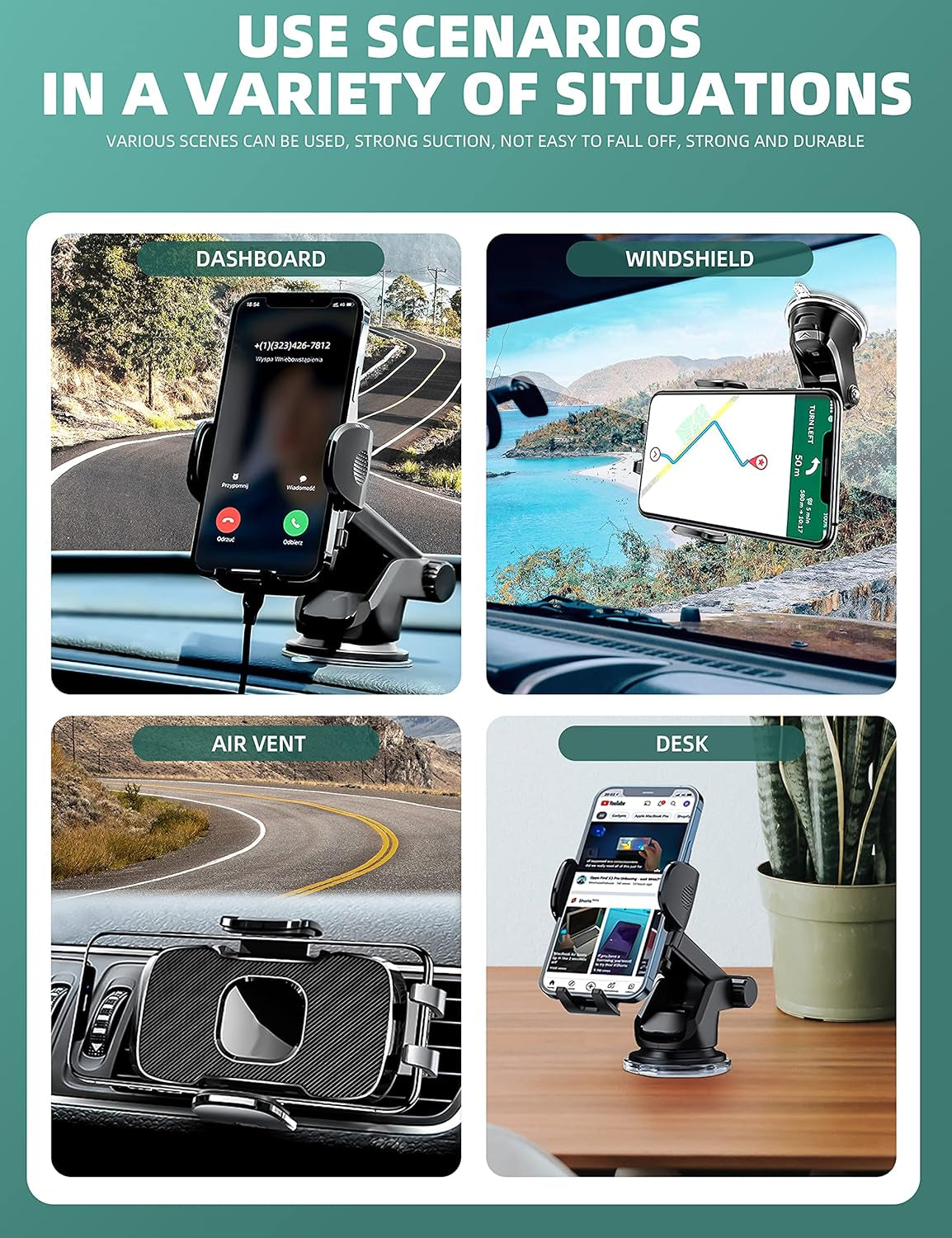 3-in-1 Phone Mount for Car – Dashboard, Windshield & Air Vent | Universal Car Phone Holder Compatible with iPhone, Samsung & All Smartphones (Black)