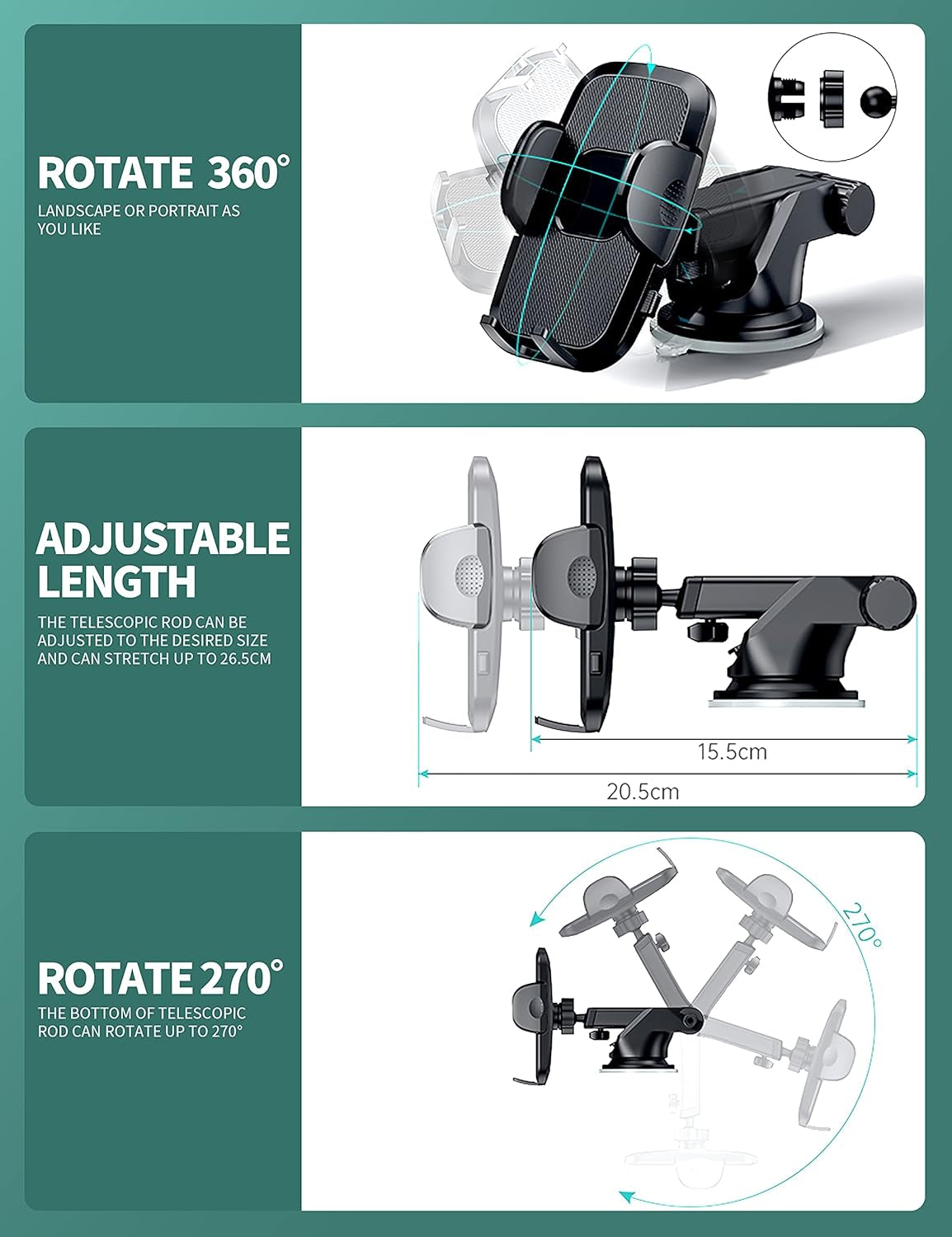 3-in-1 Phone Mount for Car – Dashboard, Windshield & Air Vent | Universal Car Phone Holder Compatible with iPhone, Samsung & All Smartphones (Black)