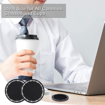 2-Pack Bling Car Cup Coasters – 2.75” Universal Rhinestone Anti-Slip Silicone Inserts, Stylish Car Interior Accessories, Perfect Gift for Women, Black