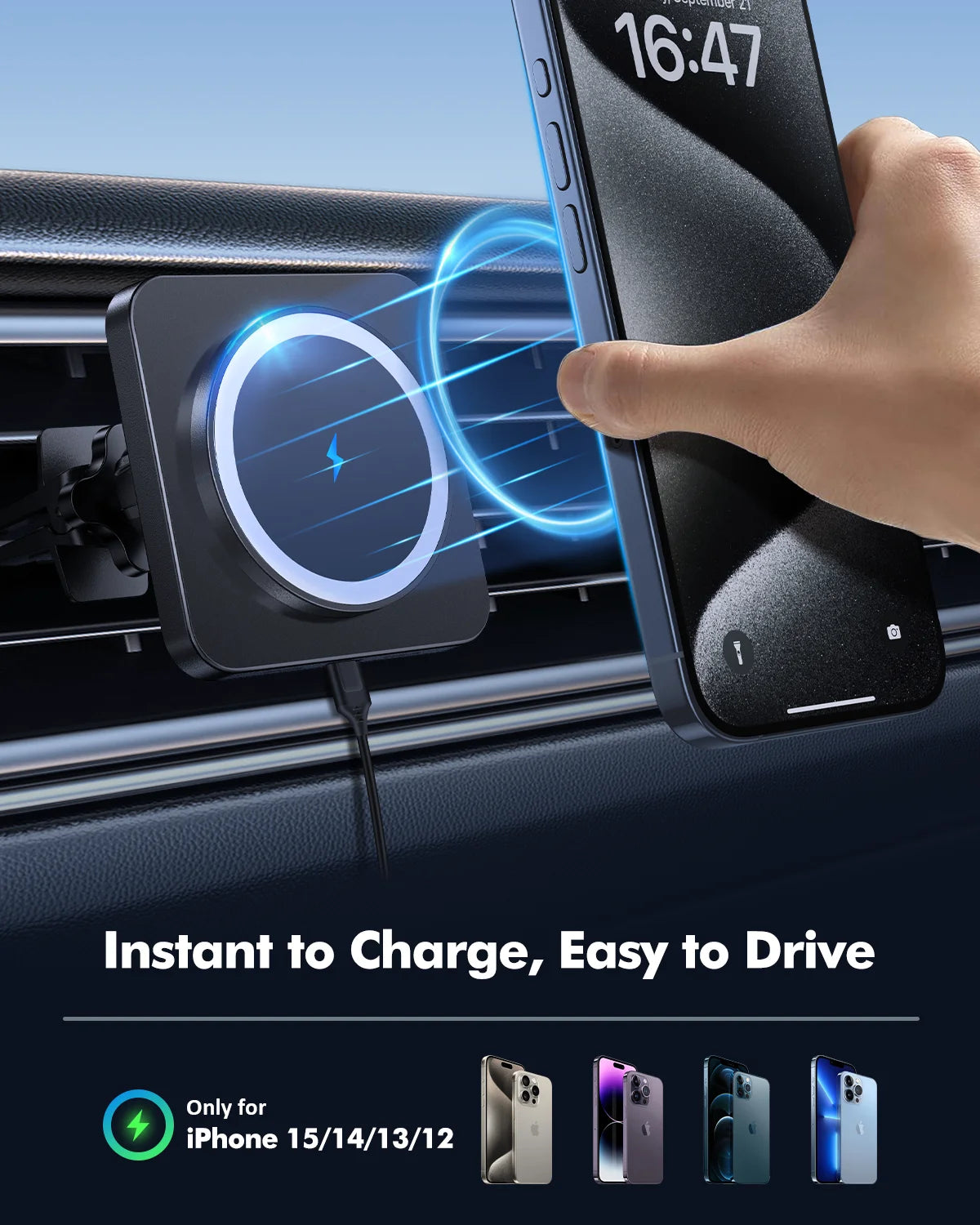 Car Wireless Charger Mount – Fast Charging Air Vent Phone Holder for iPhone 16/15/14/13/12 Series – Auto-Clamping, Secure Fit, Black
