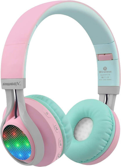 WT-7S Bluetooth Headphones – Foldable Wireless Stereo Headset with Mic, Volume Control & Light-Up LED, Compatible with PC/Tablet/TV/Travel (Pink & Green)
