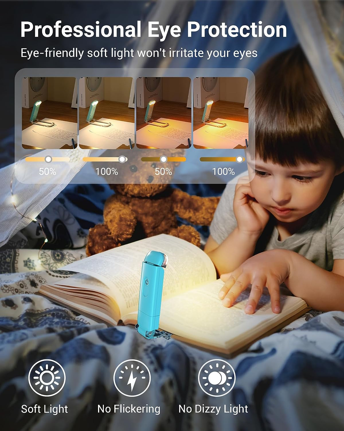USB Rechargeable Book Light with Clip – Warm White LED, Adjustable Brightness, Sleep Aid Reading Lamp for Bed & Travel (Blue)