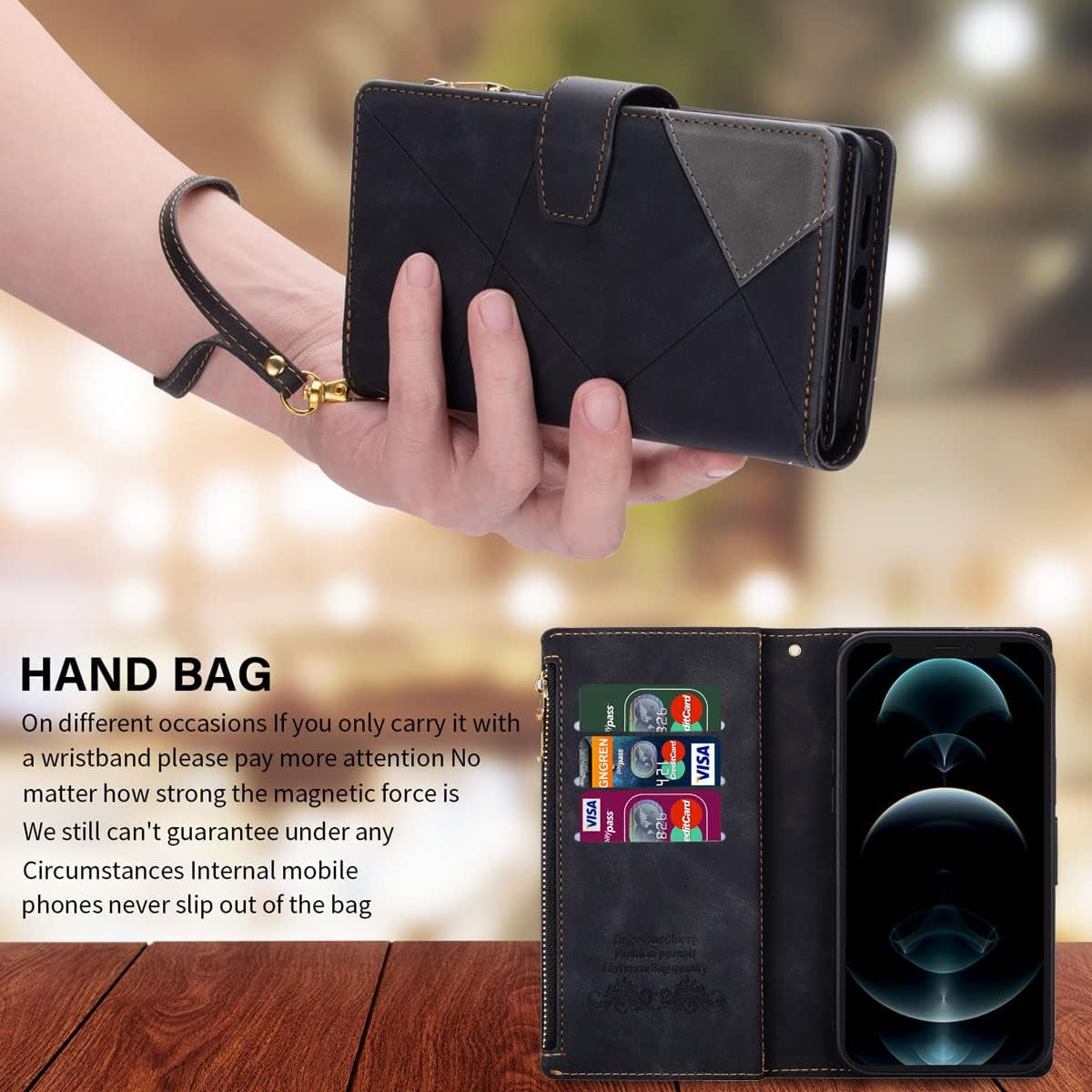 Zippered PU Leather Phone Case with Wristlet for iPhone SE 2022 (SE3) / SE 2020 (SE2) / iPhone 7 / 8 – Stylish Black Protective Cover