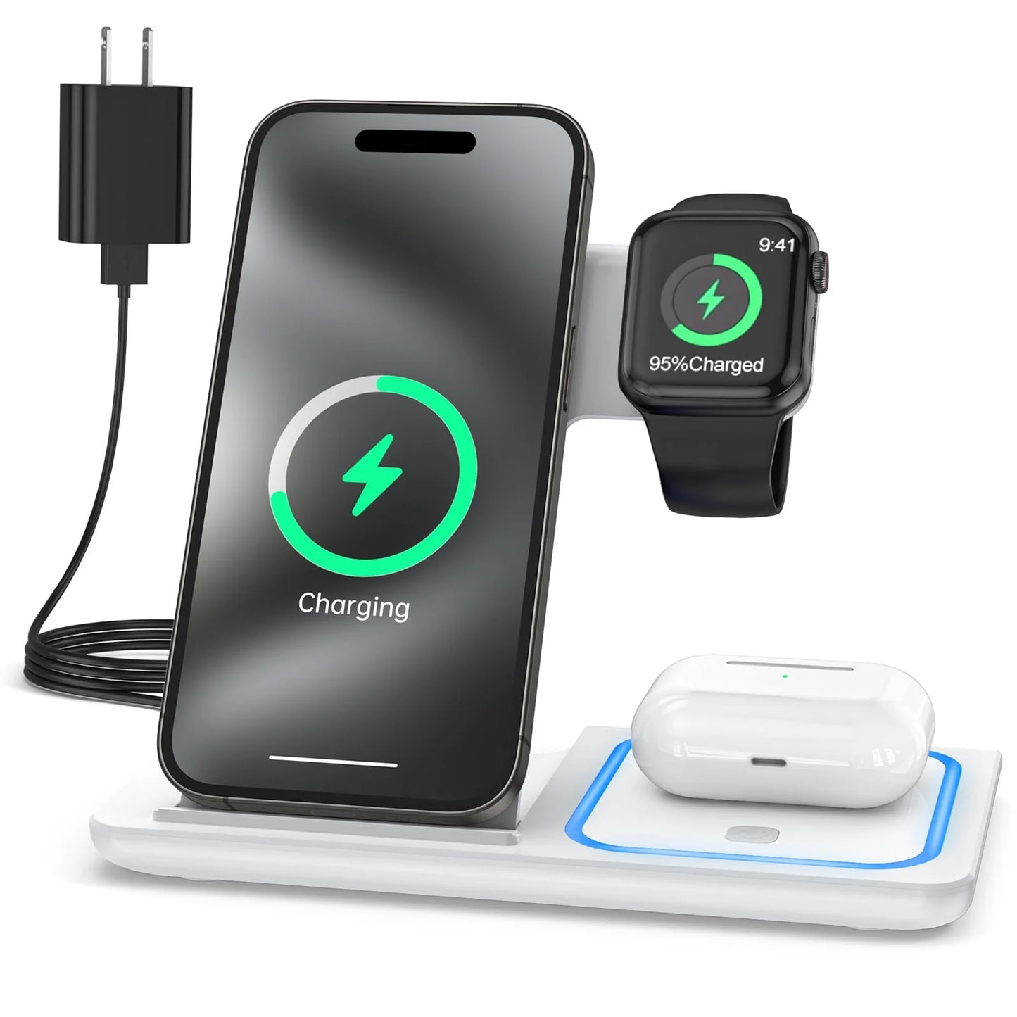 3-in-1 Wireless Charging Station with Breathing Light – Fast Charger Dock for iPhone 15/14/13/12/11 Pro Max/XS, Apple Watch 8–4, and AirPods 3/2/Pro