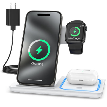 3-in-1 Wireless Charging Station with Breathing Light – Fast Charger Dock for iPhone 15/14/13/12/11 Pro Max/XS, Apple Watch 8–4, and AirPods 3/2/Pro