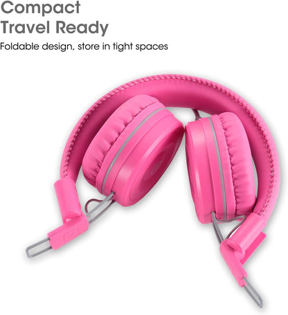 Kids Wired Headphones K22 – Foldable On-Ear Headset with 5ft Tangle-Free Cord, 3.5mm Jack, Stereo Sound – Compatible with iPad, Kindle Fire, Laptop, Tablet, School & Travel – Flamingo Pink