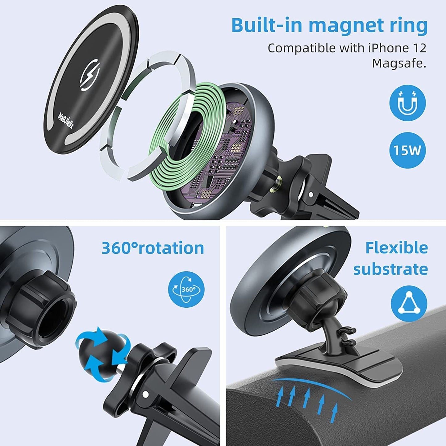 MagSafe Car Mount Wireless Charger – Magnetic Fast Charging Phone Holder for iPhone 16/15/14/13/12 Series, Pro/Pro Max/Mini, MagSafe Case Compatible, Air Vent & Dashboard Mount