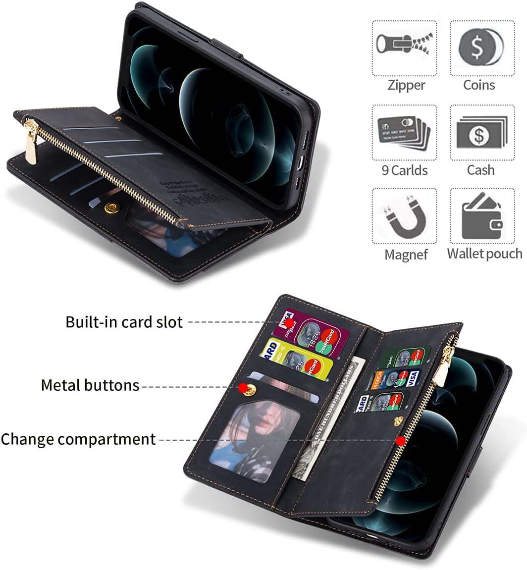 Zippered PU Leather Phone Case with Wristlet for iPhone SE 2022 (SE3) / SE 2020 (SE2) / iPhone 7 / 8 – Stylish Black Protective Cover