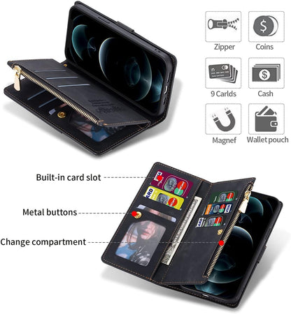 Zippered PU Leather Phone Case with Wristlet for iPhone SE 2022 (SE3) / SE 2020 (SE2) / iPhone 7 / 8 – Stylish Black Protective Cover