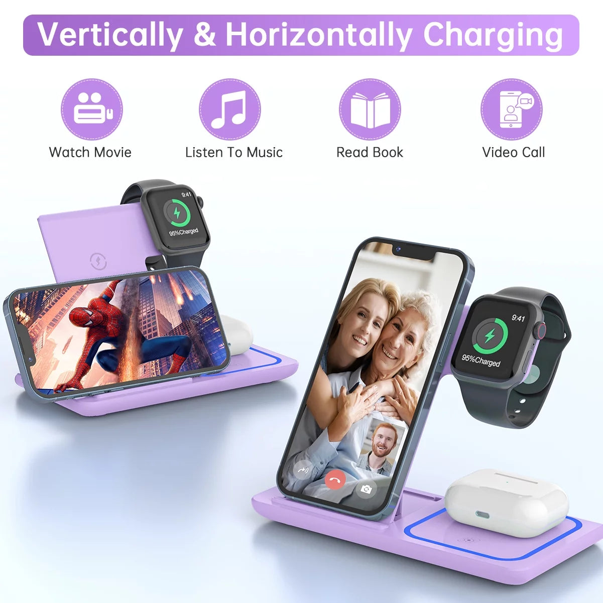 3-in-1 Wireless Charging Station for iPhone 16–11 Pro Max, Apple Watch 10–3, AirPods 4/3/2/Pro – Fast 18W Charging Dock for iPhone & Samsung Galaxy S26/S25/S23 – Purple