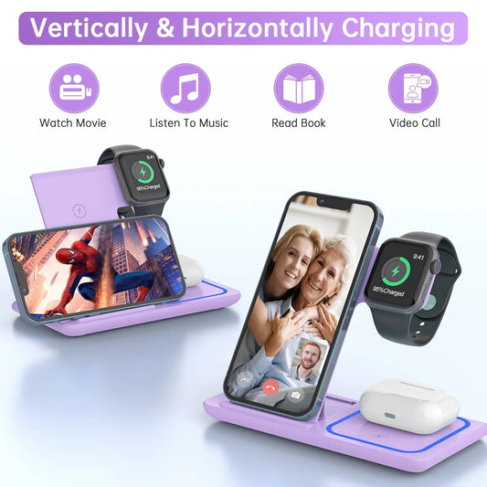 3-in-1 Wireless Charging Station for iPhone 16–11 Pro Max, Apple Watch 10–3, AirPods 4/3/2/Pro – Fast 18W Charging Dock for iPhone & Samsung Galaxy S26/S25/S23 – Purple