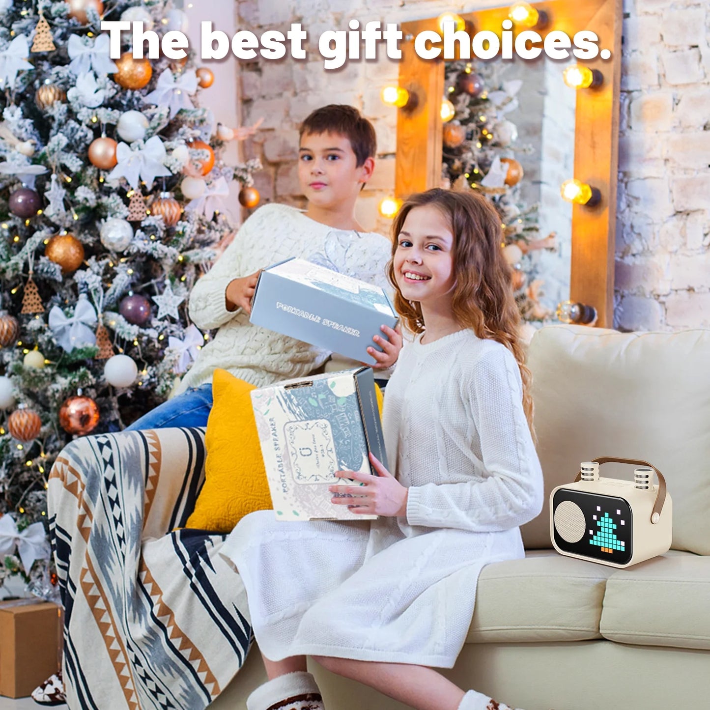 Mini Karaoke Machine with 15 Animated Display Modes & 4 Fun Magic Voice Effects – Portable Beige Karaoke Speaker for Parties & Fun