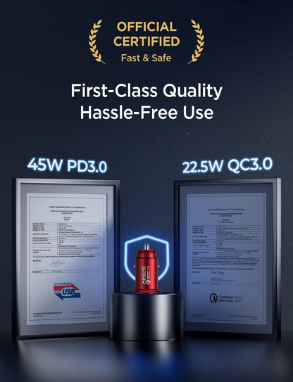 Super Mini USB C Car Charger, 54W All-Metal Fast Car Charger Adapter with PD & QC 3.0 Dual Ports, Compatible with iPhone 15/14/13/12/11 Pro Max, Galaxy S24/S23/S22/S21/S20 – Red