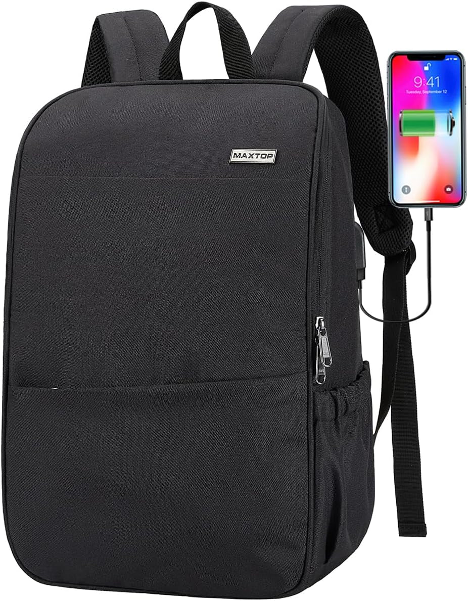 Water-Resistant Laptop Backpack with USB Charging Port – Deep Storage College School Bookbag Fits 15-Inch Laptop, Travel Work Daypack for Men & Women, Black