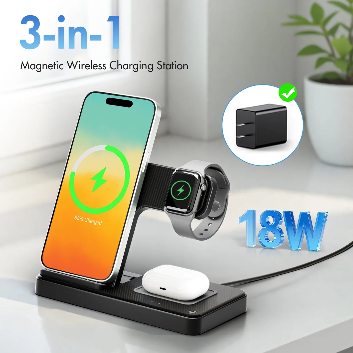3-in-1 Magnetic Wireless Charging Station – Fast Charger Stand for iPhone 16/15/14/13/12/11 Pro Max, Apple Watch Series 9–SE, and AirPods Pro/3/2