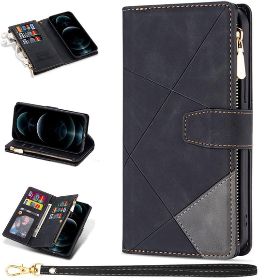 Zippered PU Leather Phone Case with Wristlet for iPhone SE 2022 (SE3) / SE 2020 (SE2) / iPhone 7 / 8 – Stylish Black Protective Cover