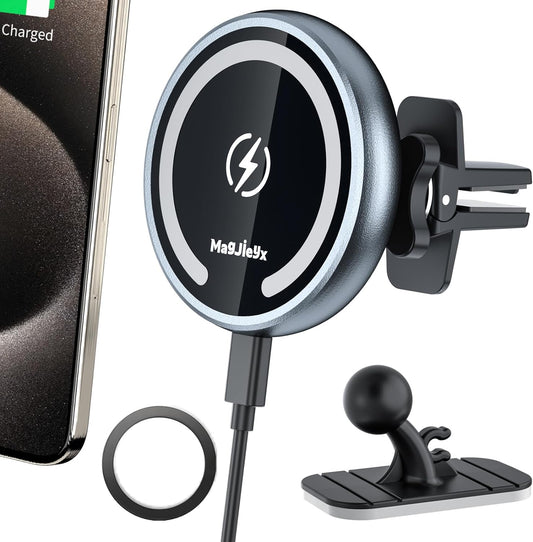 MagSafe Car Mount Wireless Charger – Magnetic Fast Charging Phone Holder for iPhone 16/15/14/13/12 Series, Pro/Pro Max/Mini, MagSafe Case Compatible, Air Vent & Dashboard Mount