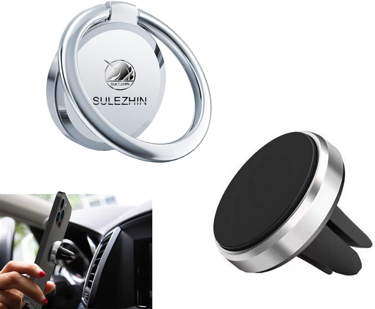 360° Rotating Metal Phone Ring Holder & Magnetic Car Mount – Secure Grip and Hands-Free Stand Compatible with iPhone 11 Pro, XS Max, XR, X, 8 & All Smartphones – Silver (Model 2)