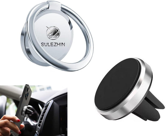 360° Rotating Metal Phone Ring Holder & Magnetic Car Mount – Secure Grip and Hands-Free Stand Compatible with iPhone 11 Pro, XS Max, XR, X, 8 & All Smartphones – Silver (Model 2)
