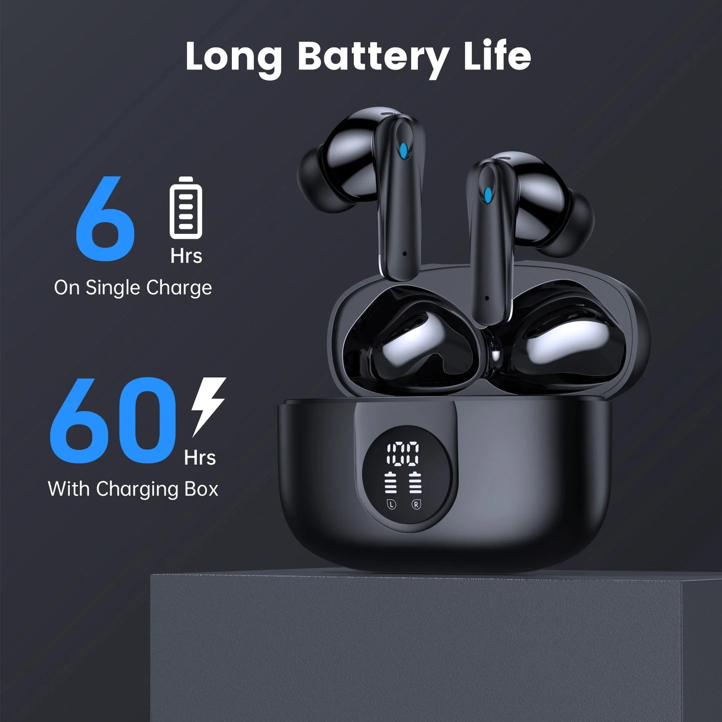 Wireless Earbuds Bluetooth 5.4 Headphones, 60H Playtime with Dual LED Display Charging Case, IPX7 Waterproof Stereo Earbuds with Noise-Cancelling Mics, In-Ear Earphones for Android & iOS