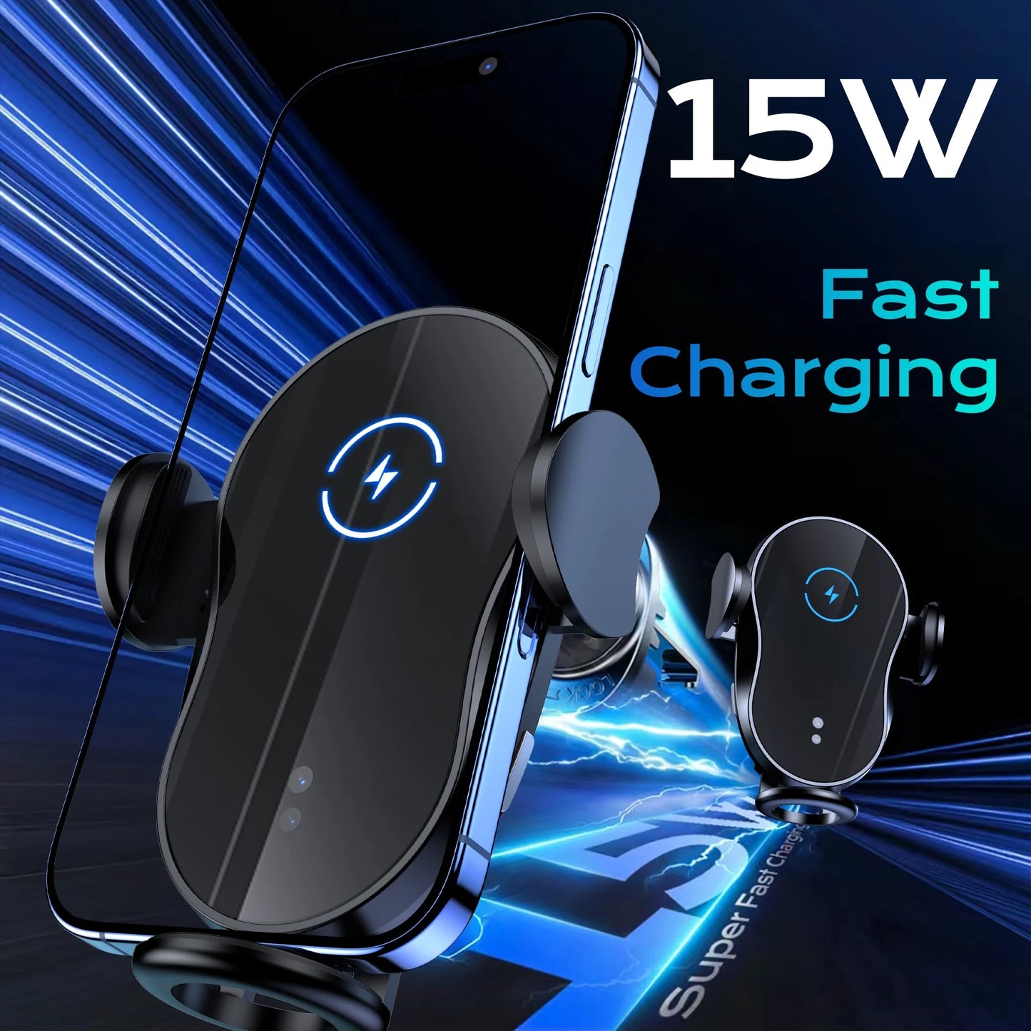 15W Auto-Clamping Wireless Car Charger Mount – Qi Fast Charging Air Vent Phone Holder for iPhone 16/15/14/13/12/11 & Samsung Galaxy S23/S22/S21/S10/S9/S8 Series