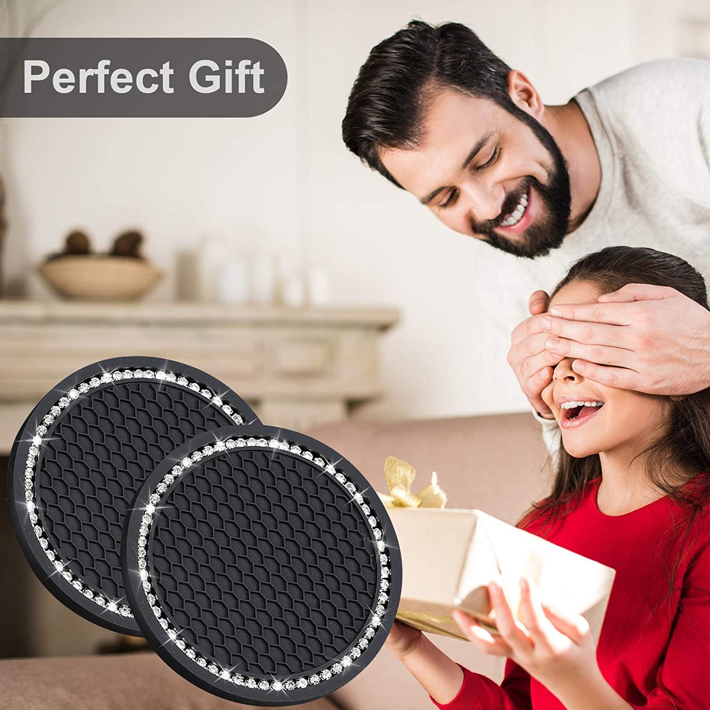 2-Pack Bling Car Cup Coasters – 2.75” Universal Rhinestone Anti-Slip Silicone Inserts, Stylish Car Interior Accessories, Perfect Gift for Women, Black