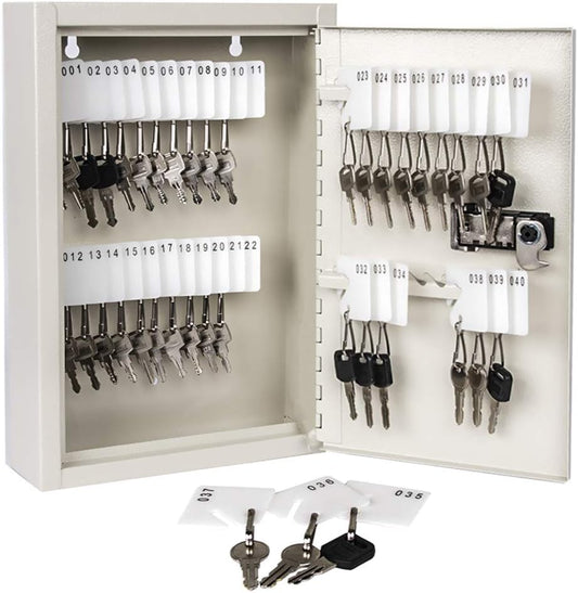 Secure Wall-Mount Key Lock Box with Combination Code – 40-Key Capacity Locking Cabinet with Key Hooks, Tags & Labels – Heavy-Duty Steel Key Organizer (White, 2.5" D x 8.1" W x 12.1" H)